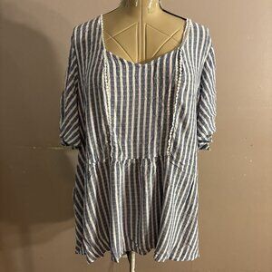 Lane Bryant Plus Size 26/28 Top Blue White Stripe Peasant Boho Peasant Cottage
